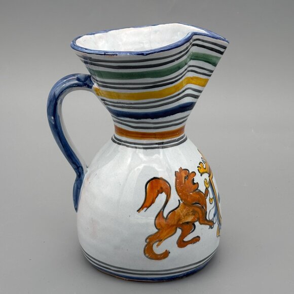 Vintage Talavera Spain Pottery Pitcher with Hand-Painted Lion Striped Rim 8 Inch - Picture 5 of 9